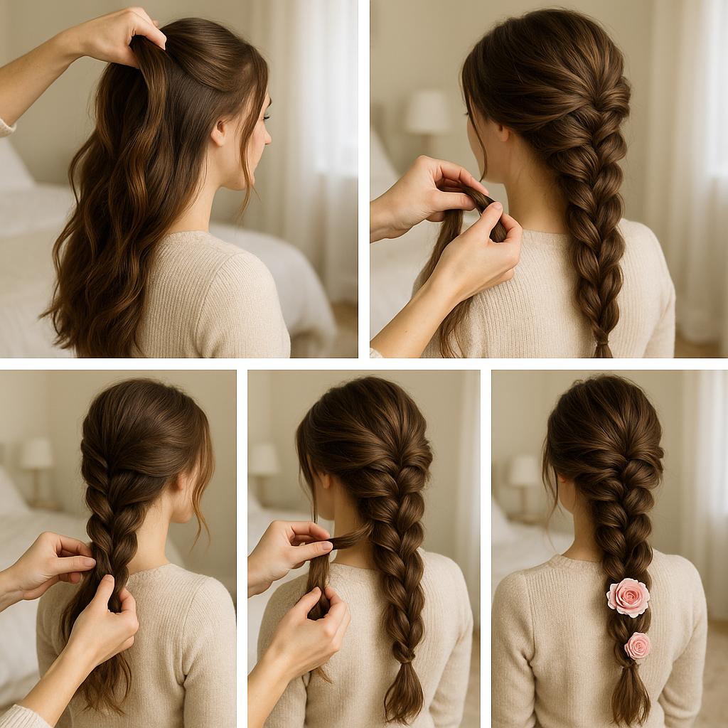 Trenza despeinada con rosas frescas