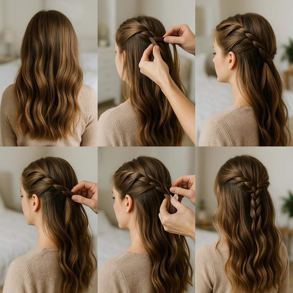 Semi recogido con trenza de raíz y ondas
