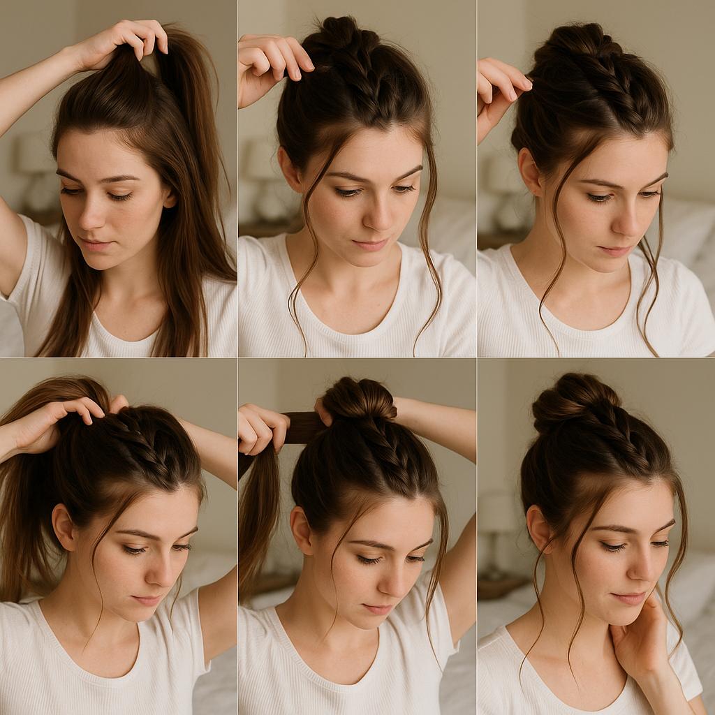 Peinado alto con trenza de raíz y mechones sueltos