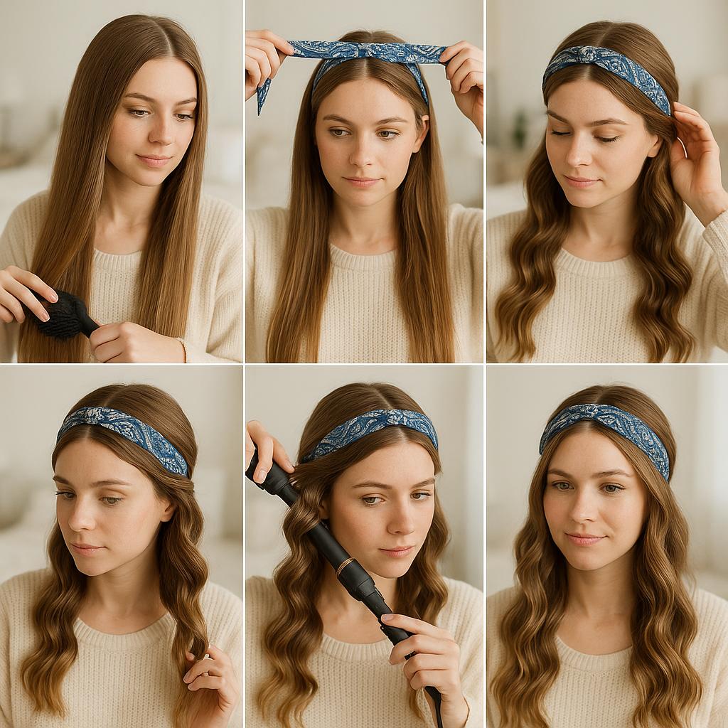 Cabello con diadema de tela y ondas