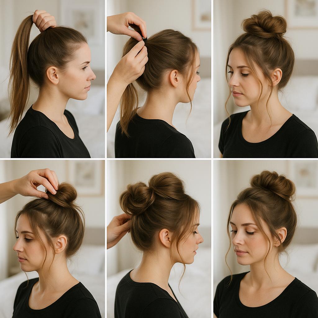 Moño alto elegante con mechones sueltos