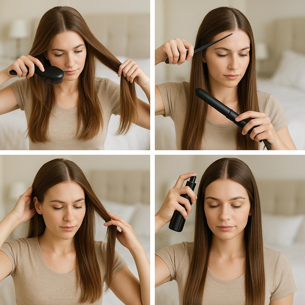Cabello liso con raya al medio y brillo