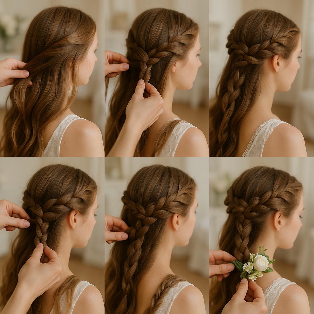 Corona de trenzas con flores naturales