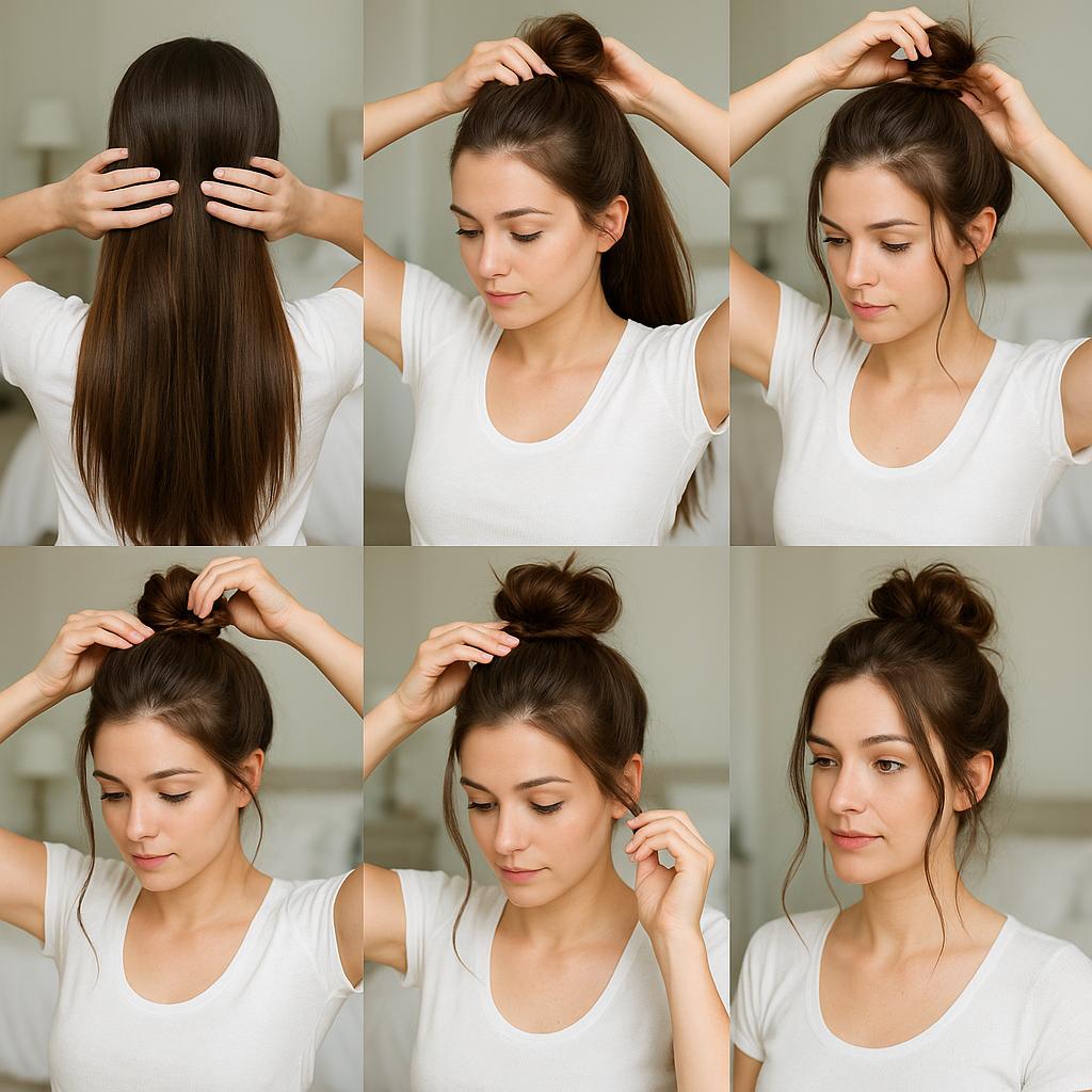 Moño alto despeinado con mechones sueltos