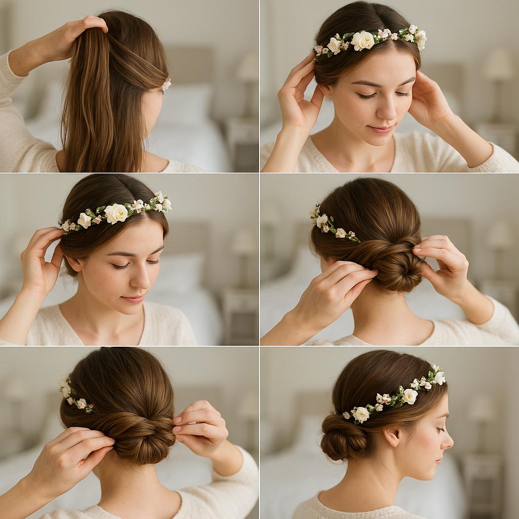 Moño bajo con detalles florales