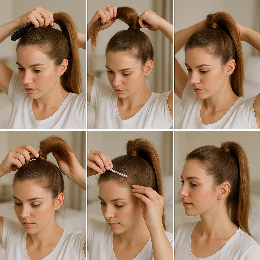 Coleta alta con accesorios brillantes