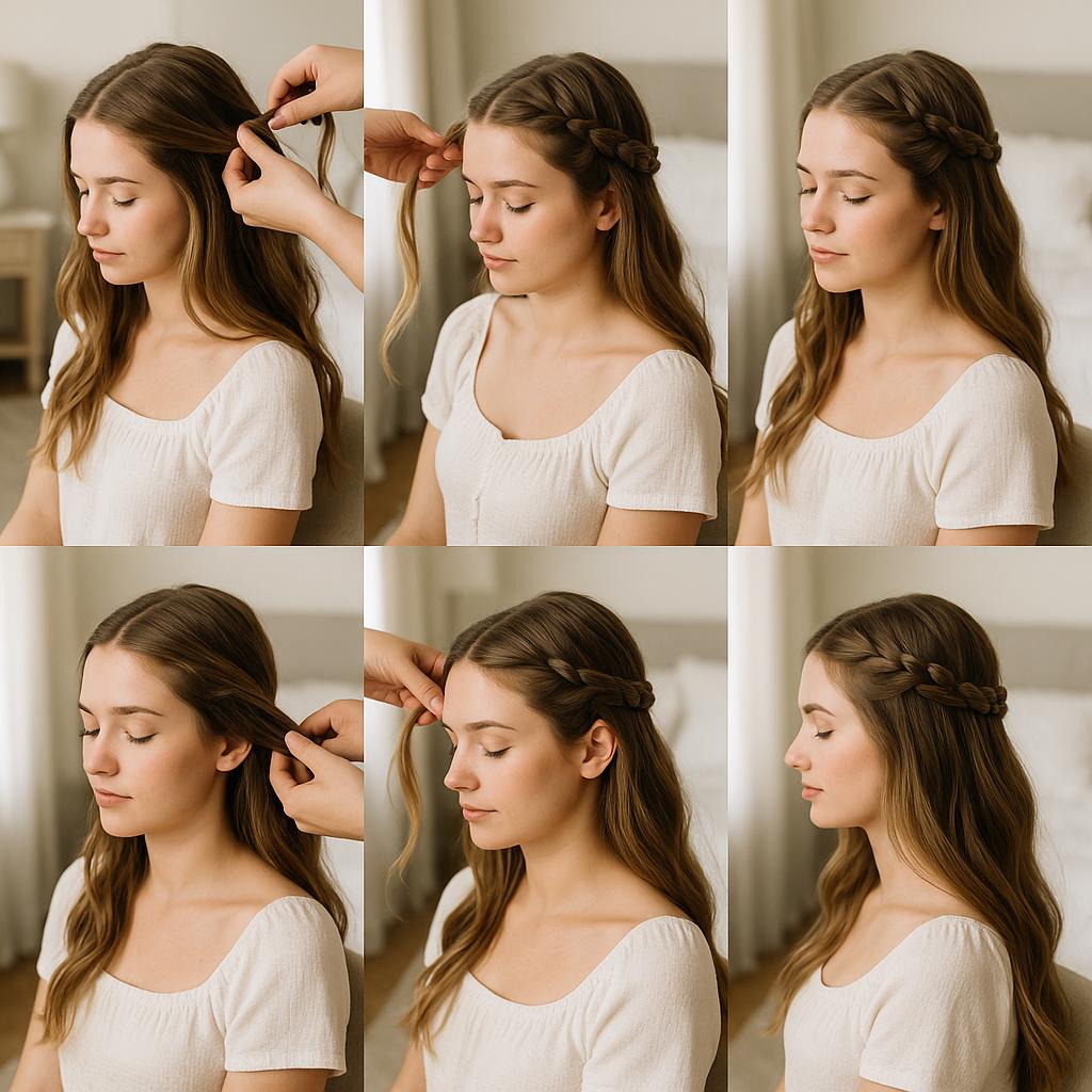 Peinado con trenza corona y cabello suelto
