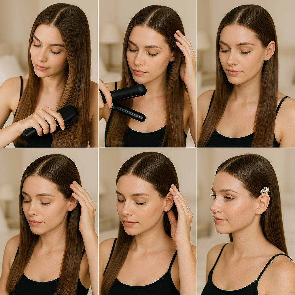 Cabello liso con accesorio llamativo