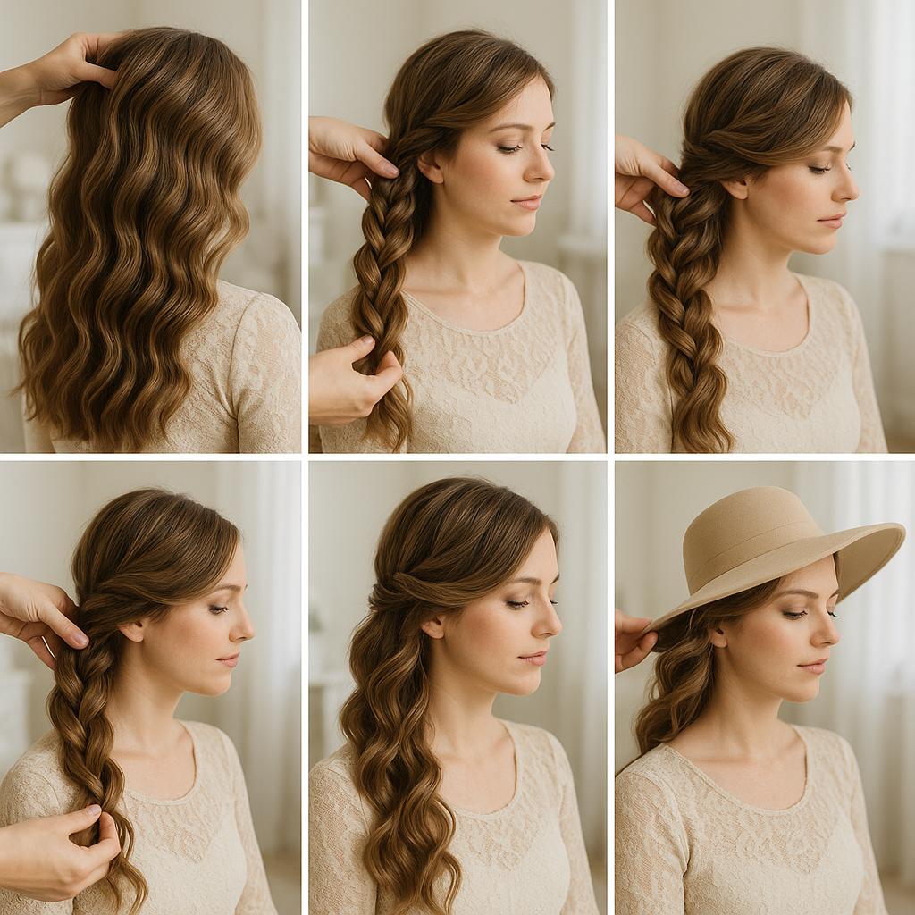 Trenza de lado con ondas y pamela