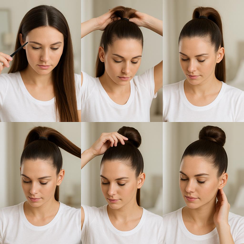 Moño alto pulido con raya al medio