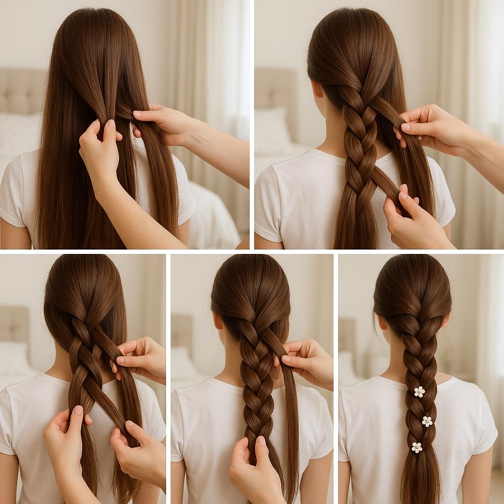 Trenza de cuatro con detalles de flores