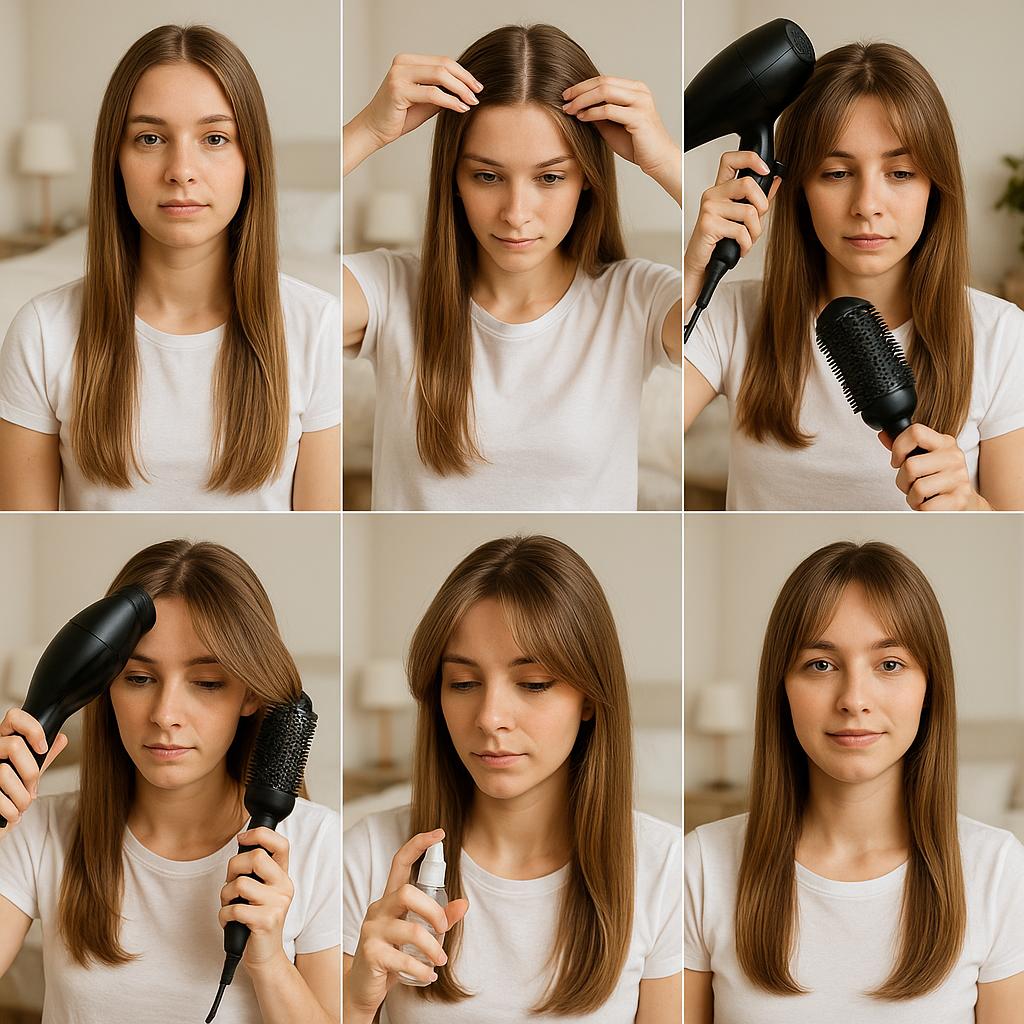 Cabello liso con flequillo abierto y brillo