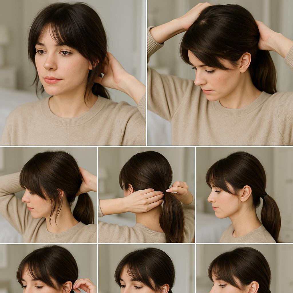 Cola de caballo baja con flequillo abierto