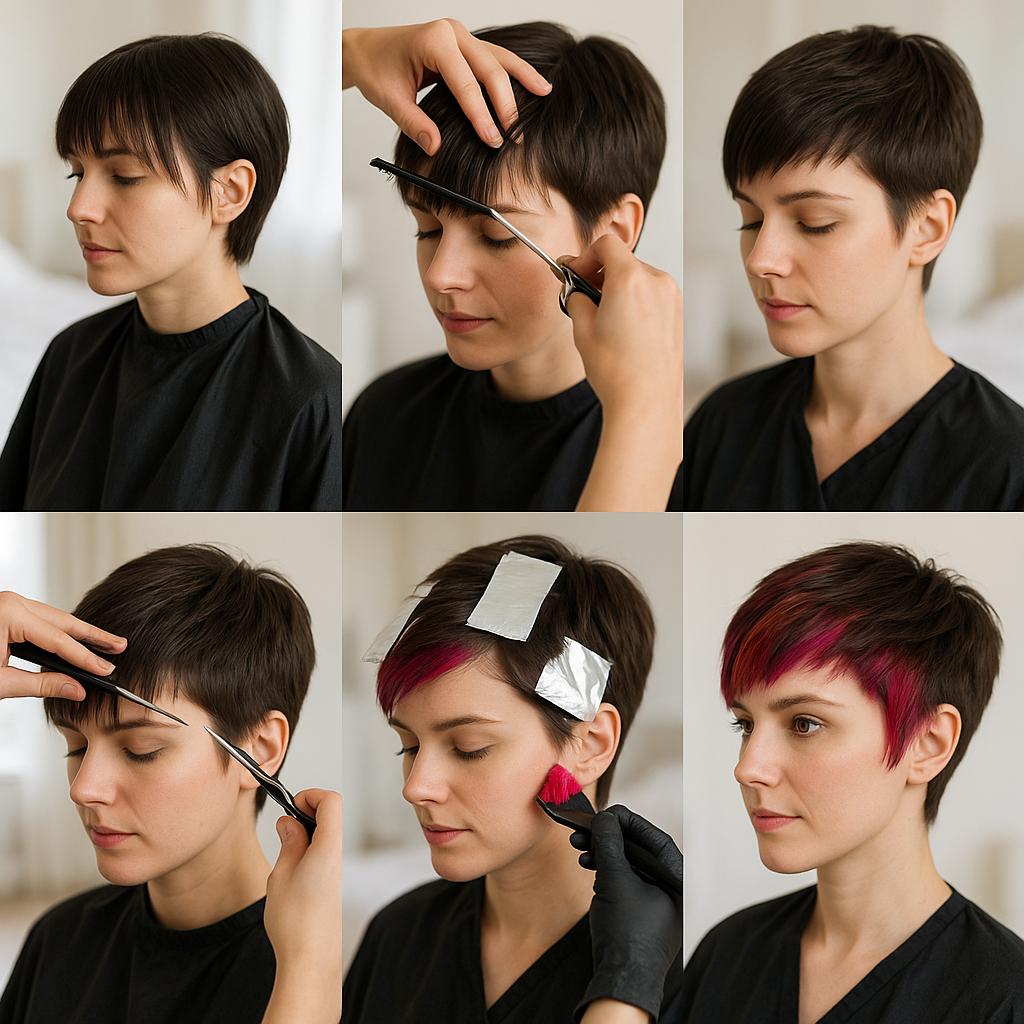 Pixie con flequillo desfilado y mechas de color vibrante