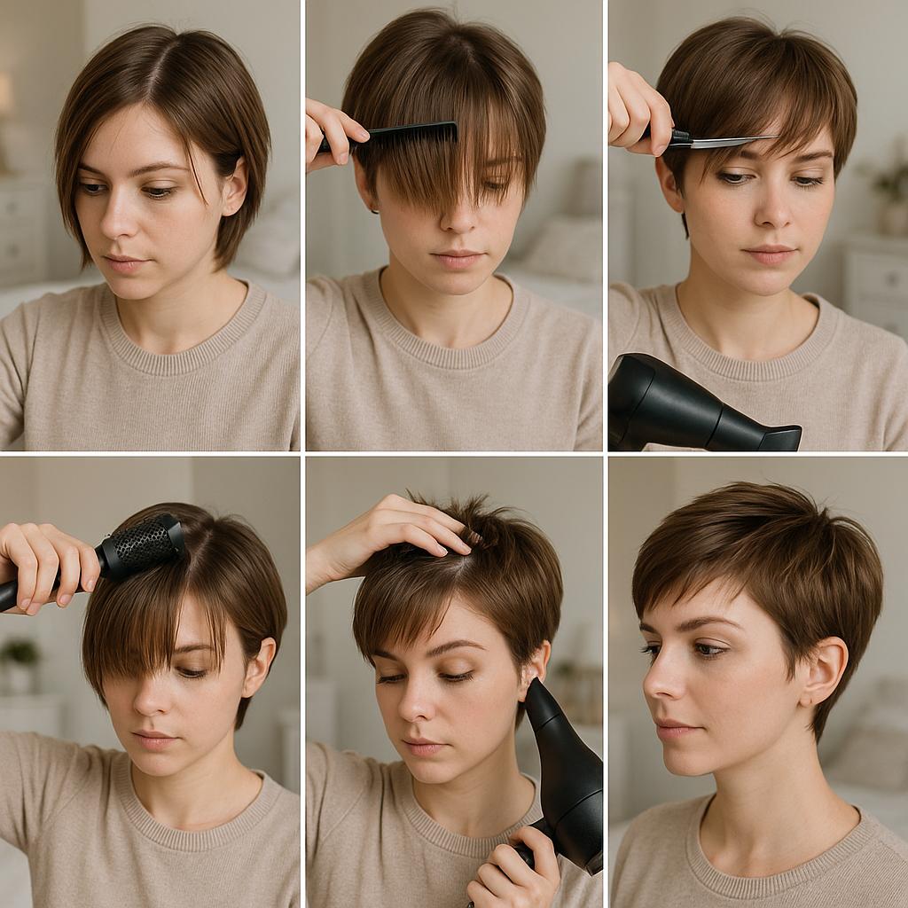 Pixie con flequillo desfilado y volumen en la coronilla