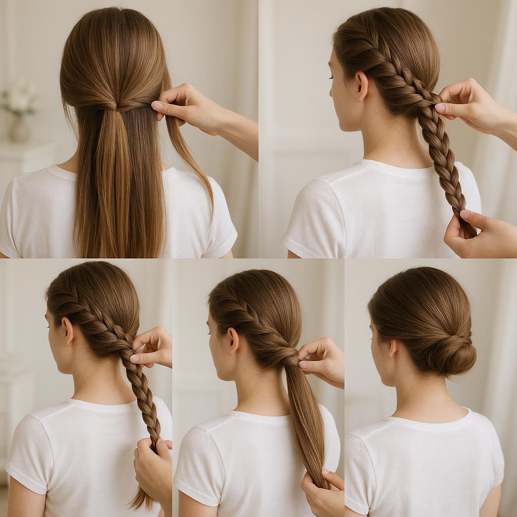 Moño bajo con trenza lateral y flores