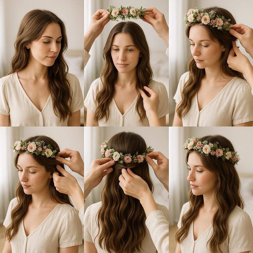 Corona de flores con cabello suelto