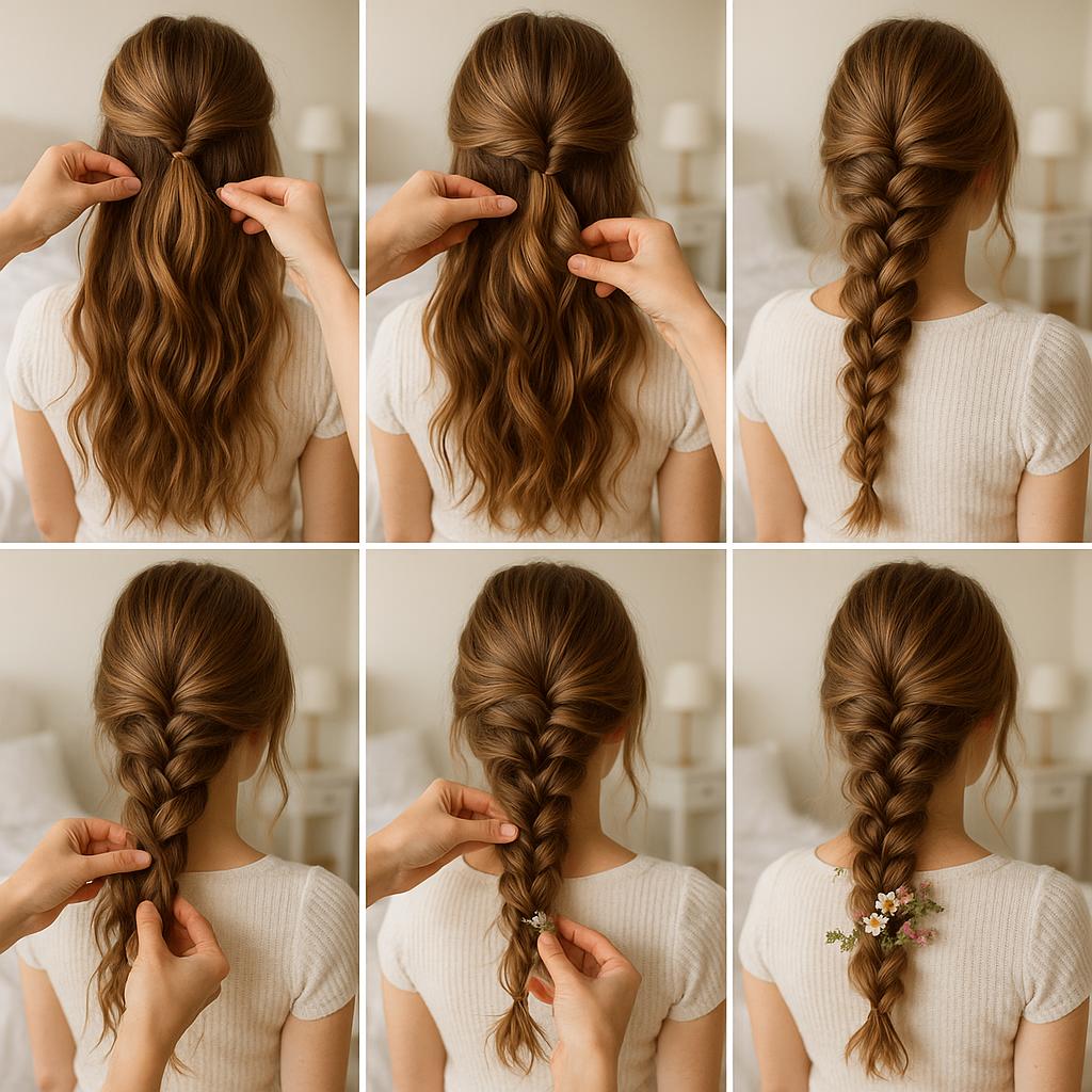 Trenza despeinada con flores silvestres
