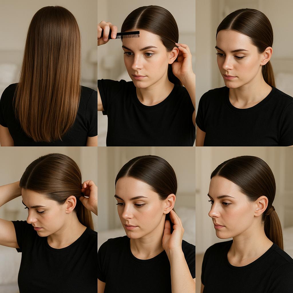 Coleta baja elegante con raya en medio