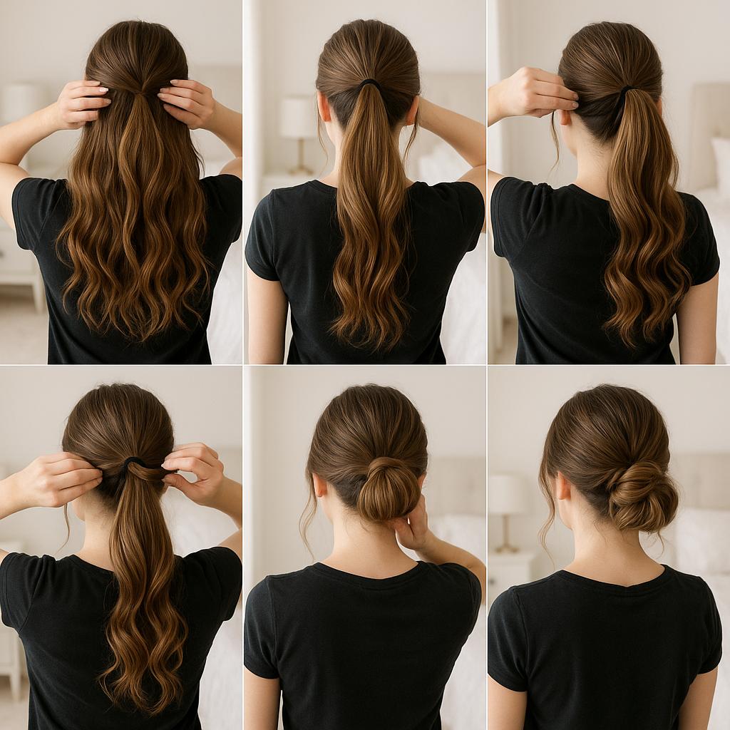 Media coleta con moño bajo y rizos