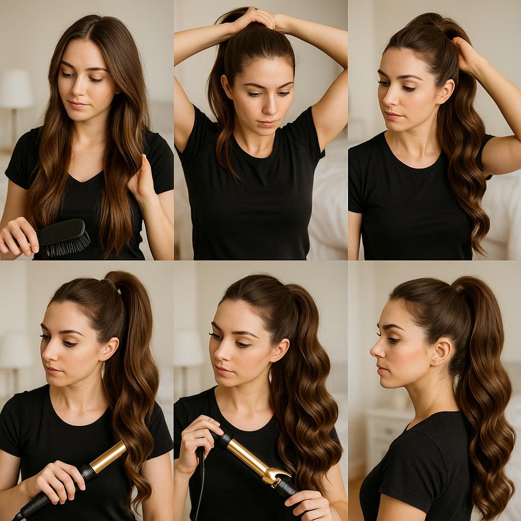 Cola de caballo alta con ondas voluminosas