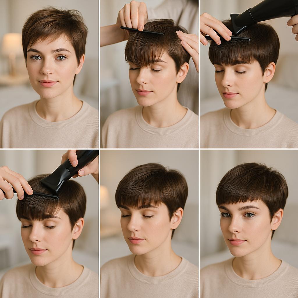 Peinado pixie con flequillo tupido y detalles metálicos