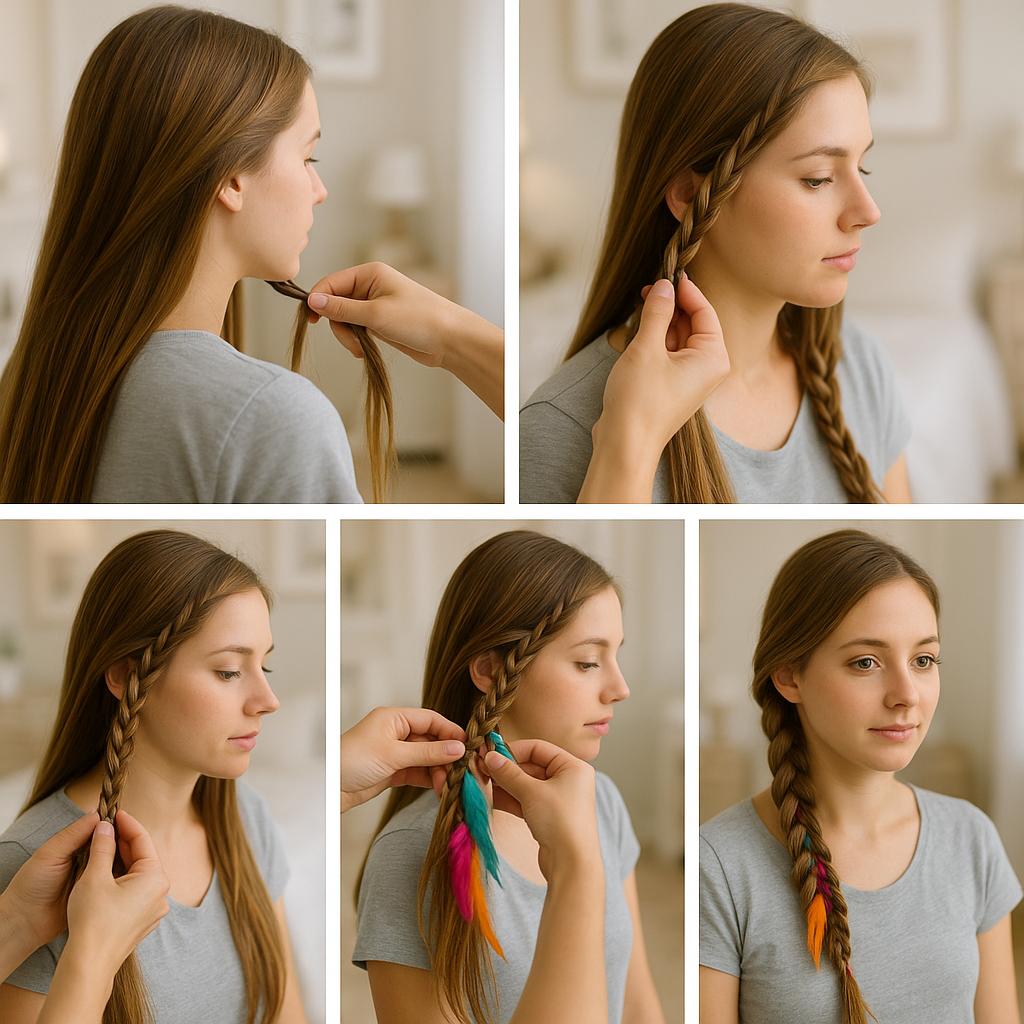 Trenza lateral con plumas coloridas