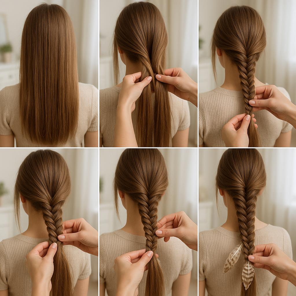 Trenza espiga adornada con plumas