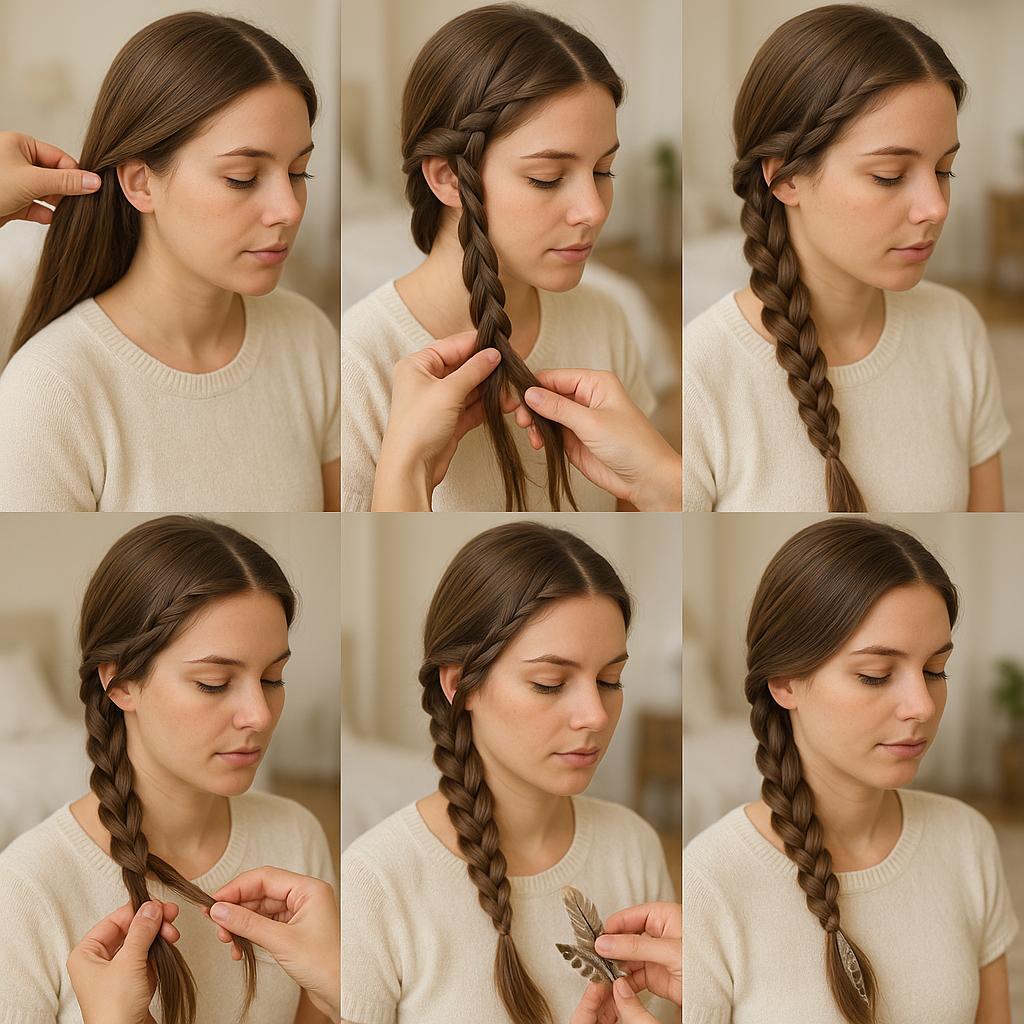 Trenza de lado con plumas decorativas