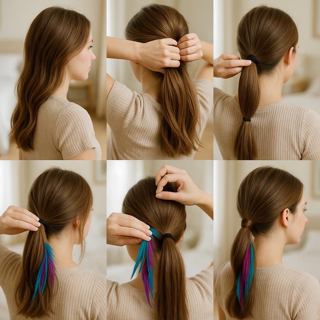 Cola de caballo baja con plumas vibrantes