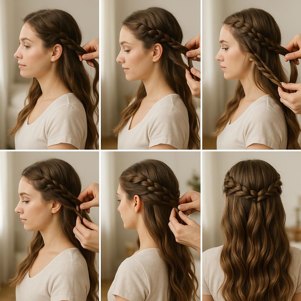 Cabello suelto con corona de trenzas