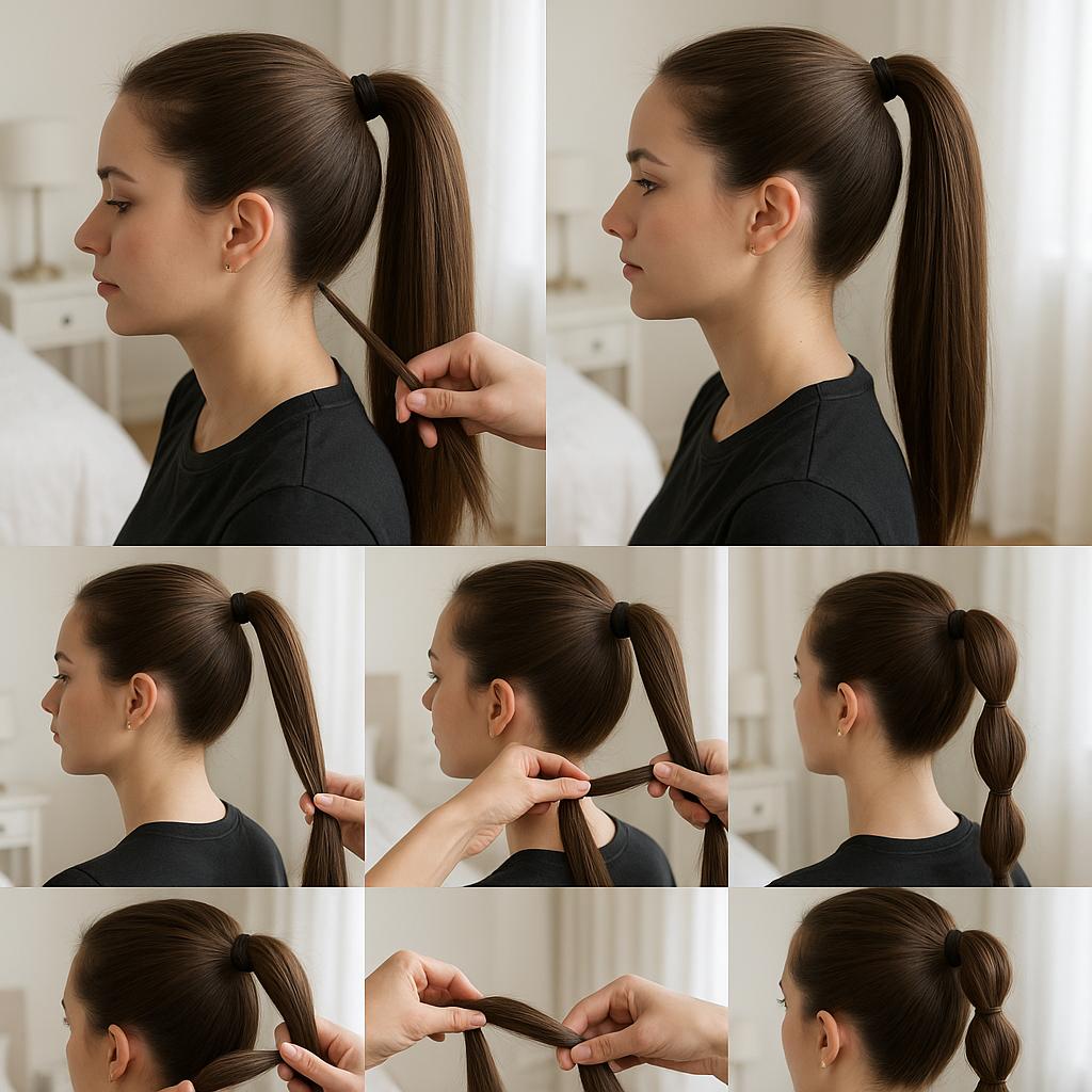 Coleta alta con trenza de nudos entrelazada